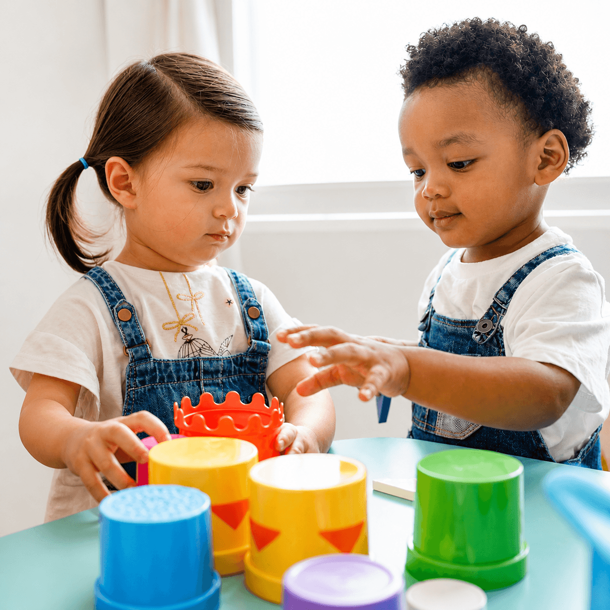 Two toddlers stacking colorful cups during ABA therapy at Active Care Center in Burnsville, MN
