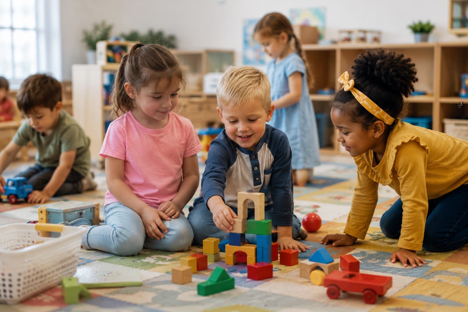 Children building with wooden blocks together at Active Care Center