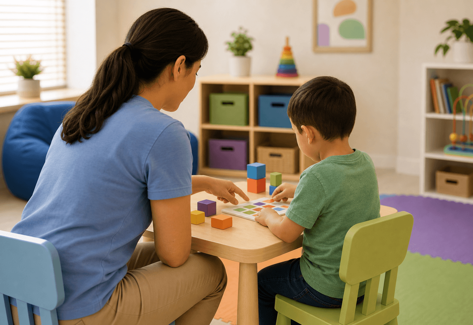 Therapist guiding a boy through a color-matching block activity in a 1:1 ABA therapy session