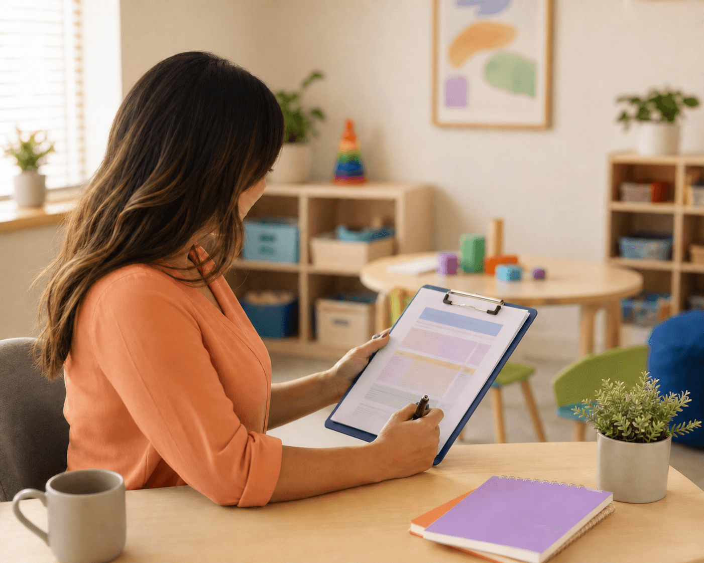 Clinical director reviewing care plans in a therapy room