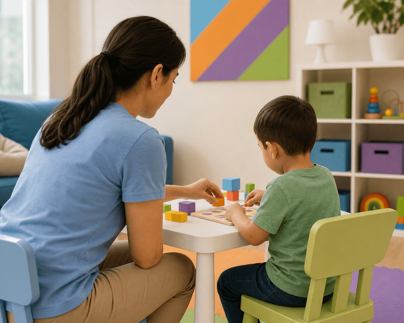 RBT supporting a child during a play-based learning activity